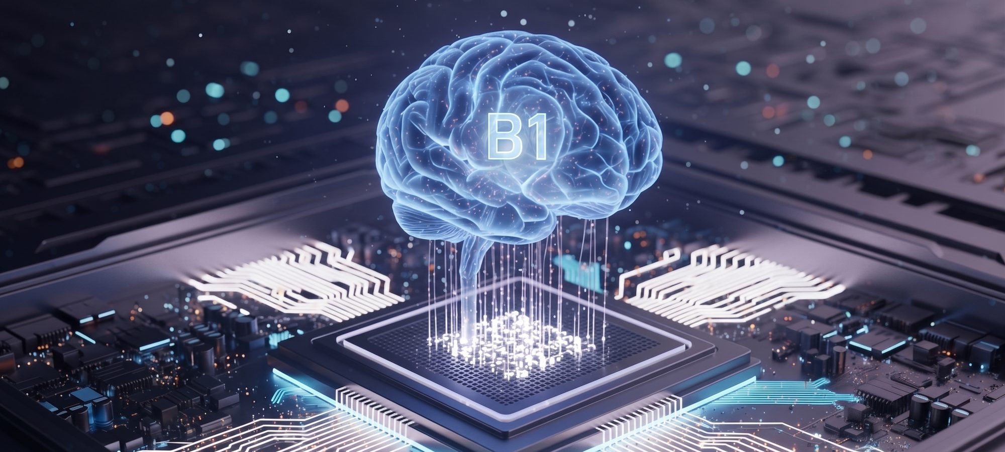 Illustration of a glowing translucent brain labelled B1 hovering above a processor chip on a circuit board.